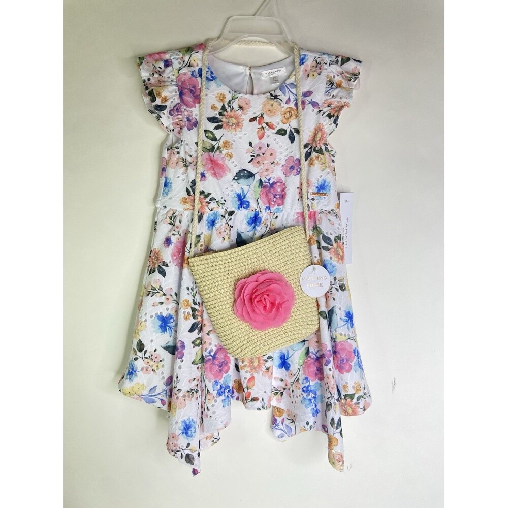Tahari Girl Floral Eyelet Fit and Flare Dress with Matching Purse Bag Girls 3T